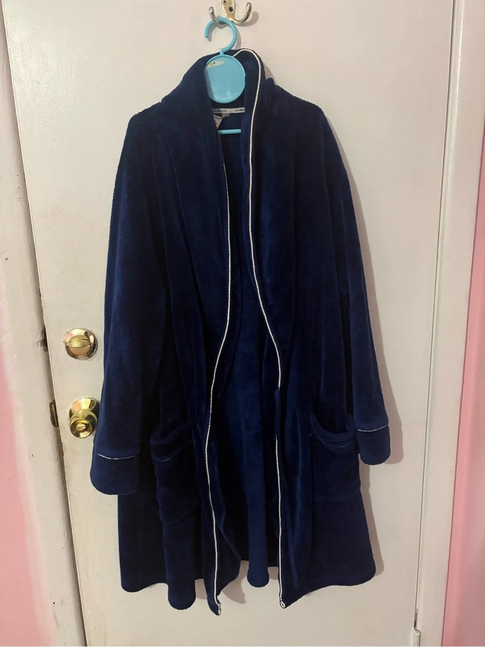 Liz Claiborne Plush Navy Open-Front Teddy Jacket with Piped Trim